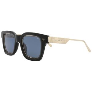 Philipp Plein Black Frame Sunglasses with Gold Arms and Blue Lenses